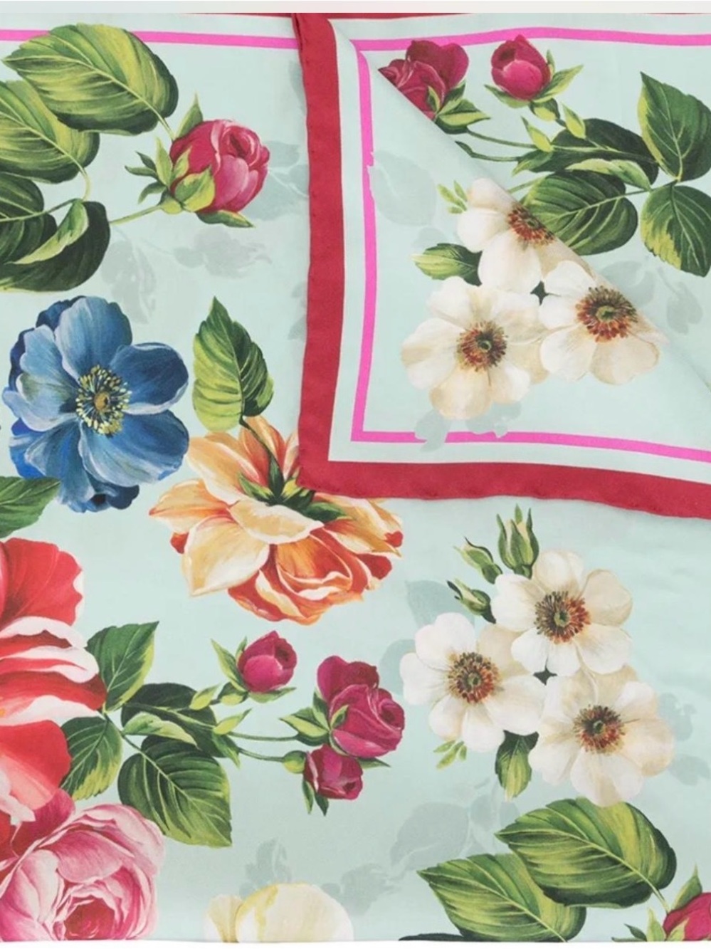 Dolce & Gabbana Floral Silk Scarf in Aqua with Pink and Red Border